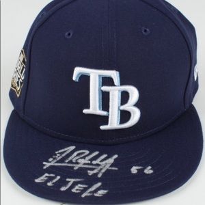 GAME USED RANDY AROZARENA SIGNED RAYS WORLD SERIES HAT INSCRIBED “EL JEFE” JSA